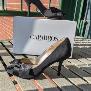 Caparros "Victor" Black Peau & Silk Peep-toe Heels